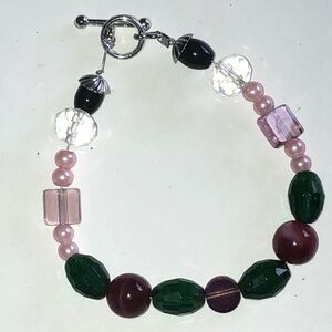 Pink, Green and Burgundy Beaded Boho Bracelet